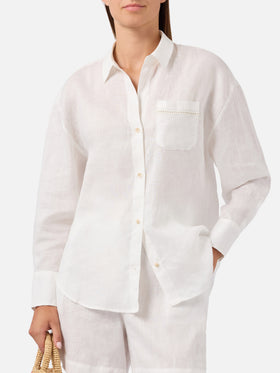 Camisa Cristal de lino blanco con bordado Saint Barth perforado 