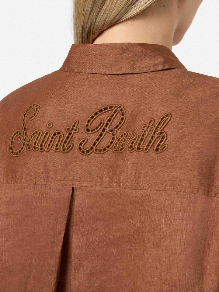 Brown linen Cristal shirt with perforated Saint Barth embroidery