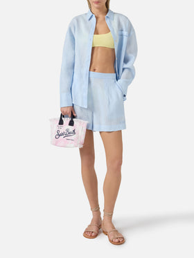 Light blue linen Cristal shirt with perforated Saint Barth embroidery