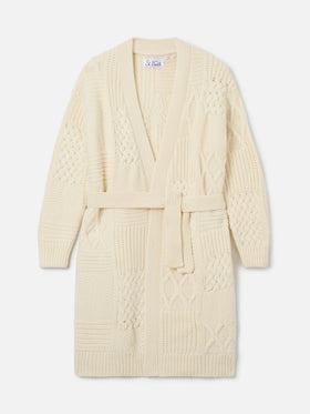 Maxi cardigan da donna con ricamo e cintura