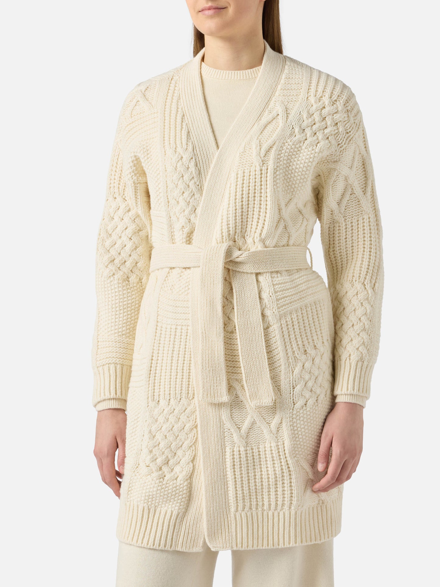 Maxi cardigan da donna con ricamo e cintura