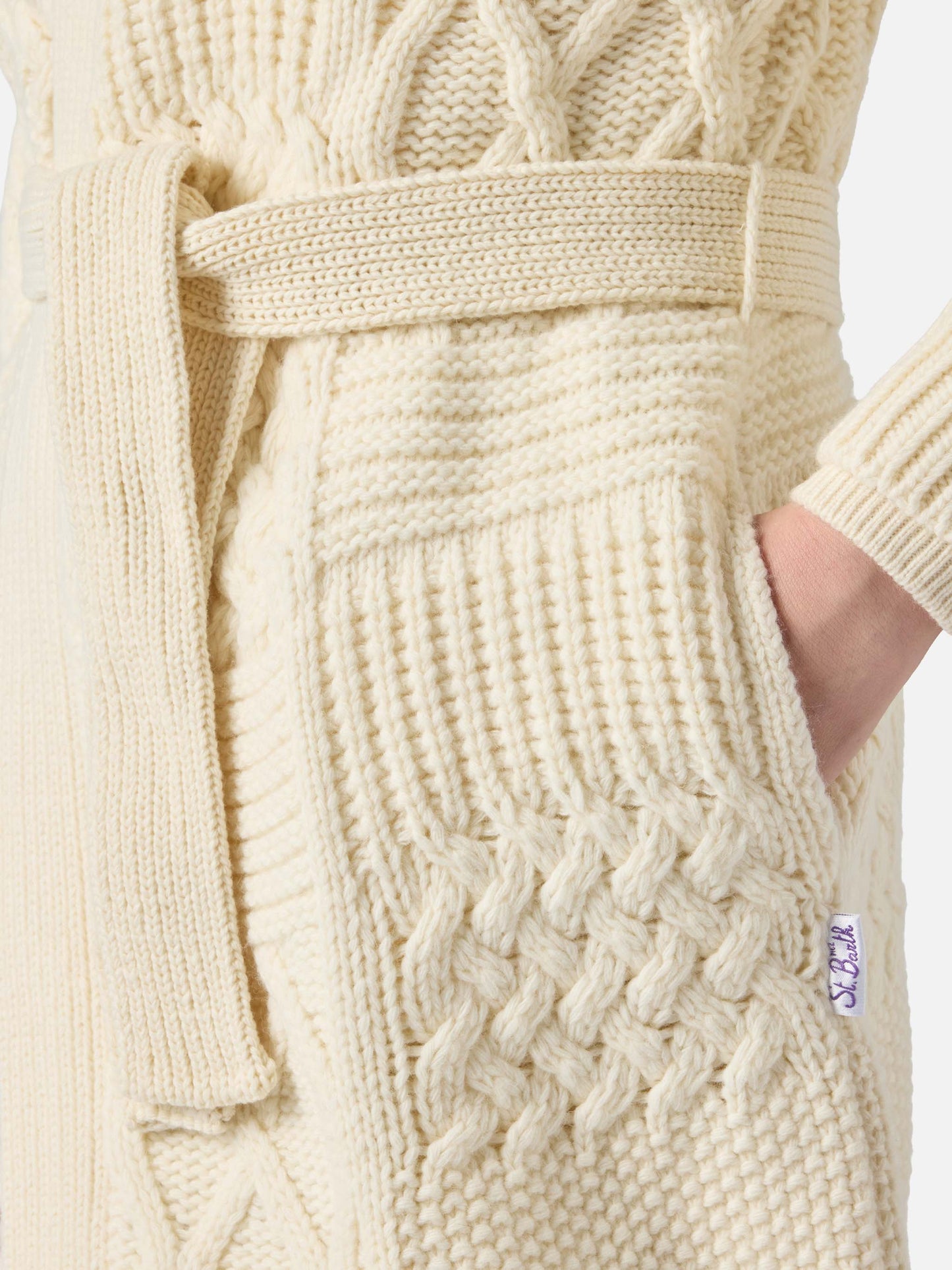 Maxi cardigan da donna con ricamo e cintura