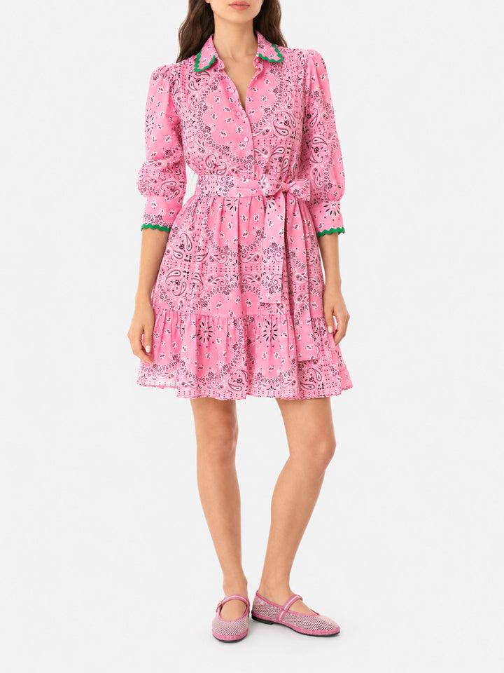 Bandanna print cotton short dress Daisi with embroideries