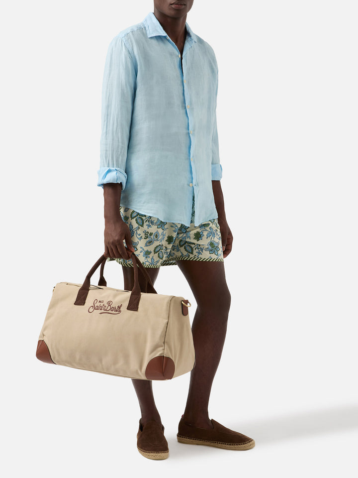 Daily beige cotton blend weekender with embroidered logo