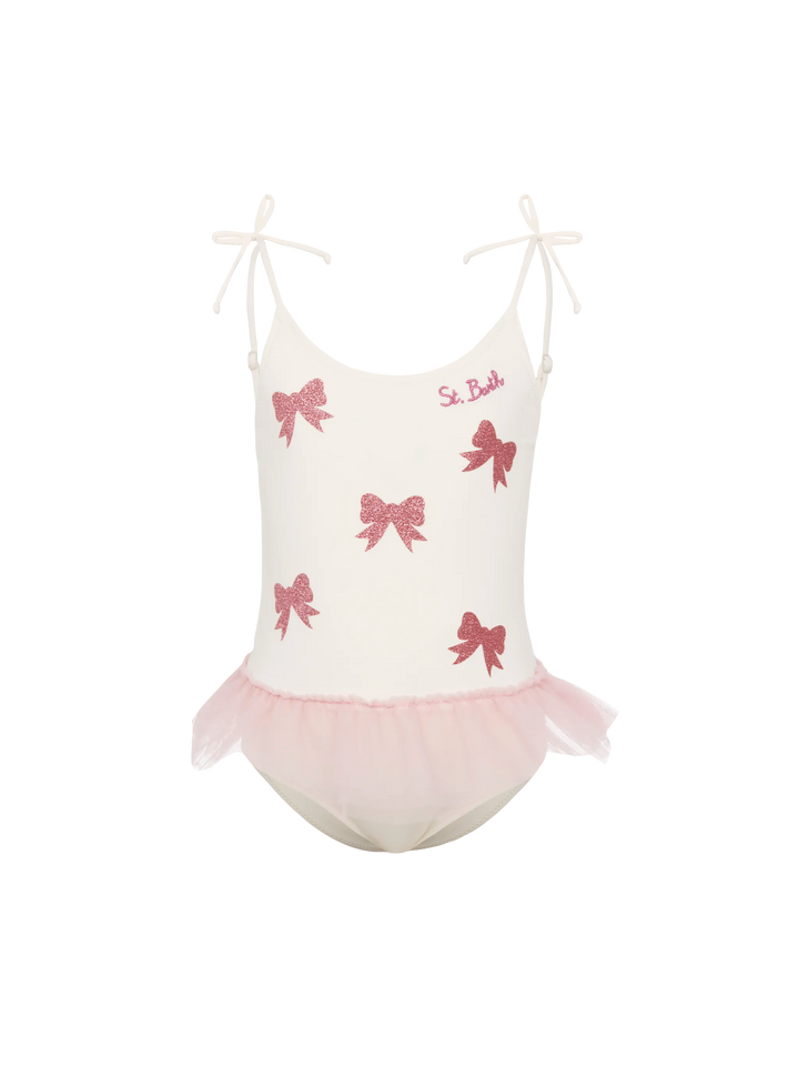 Dancer one-piece swimsuit with tulle ruffle and glittered bows - MC2 Saint Barth