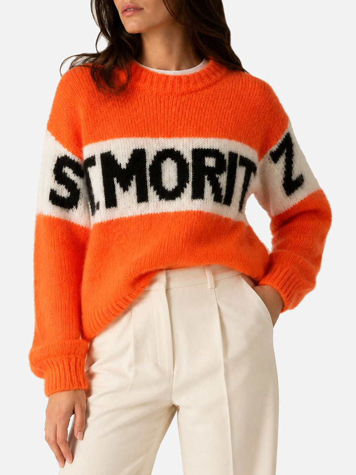Danya Soft fluo orange sweater with St. Moritz embroidery