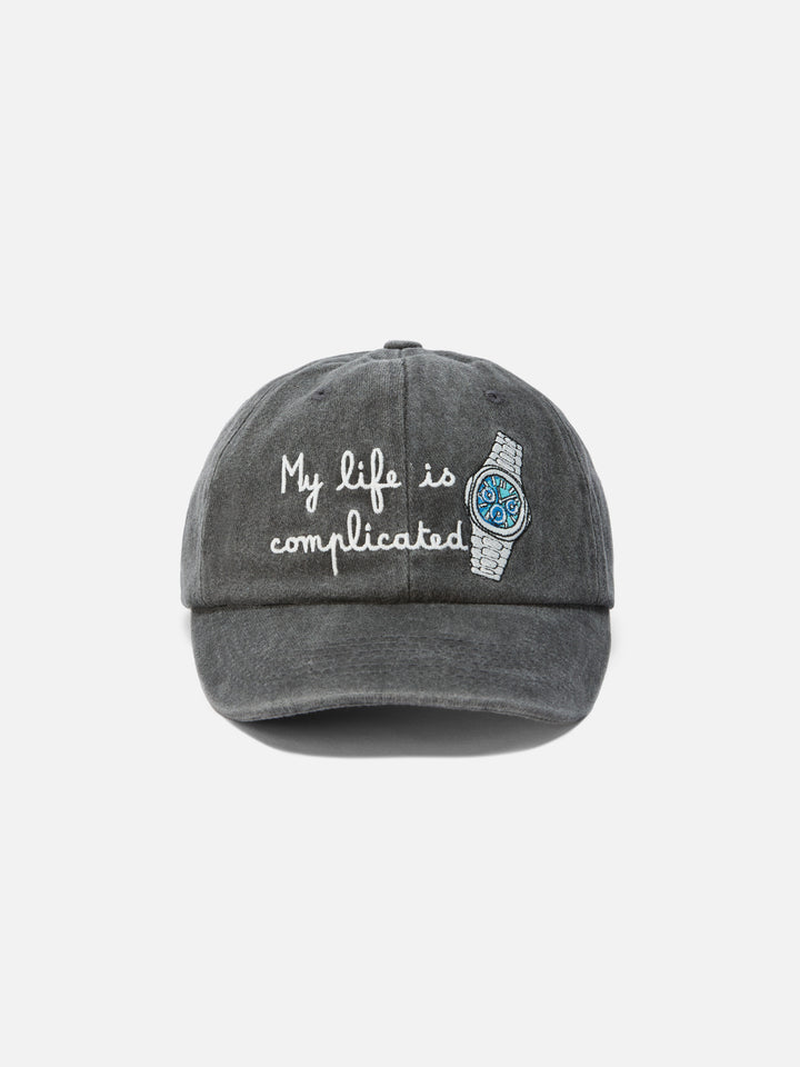 Cappello con visiera Davis in denim con ricamo My life is complicated