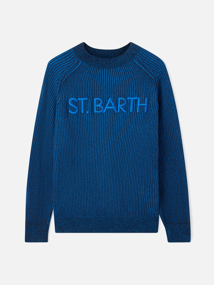 Electric blue and navy blue Davos ribbed half-turtleneck sweater with logo embroidery