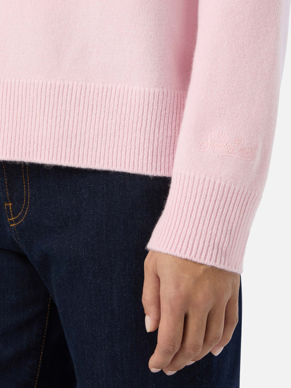 Rosa Delphine Woll-Strickpullover mit Rundhalsausschnitt 