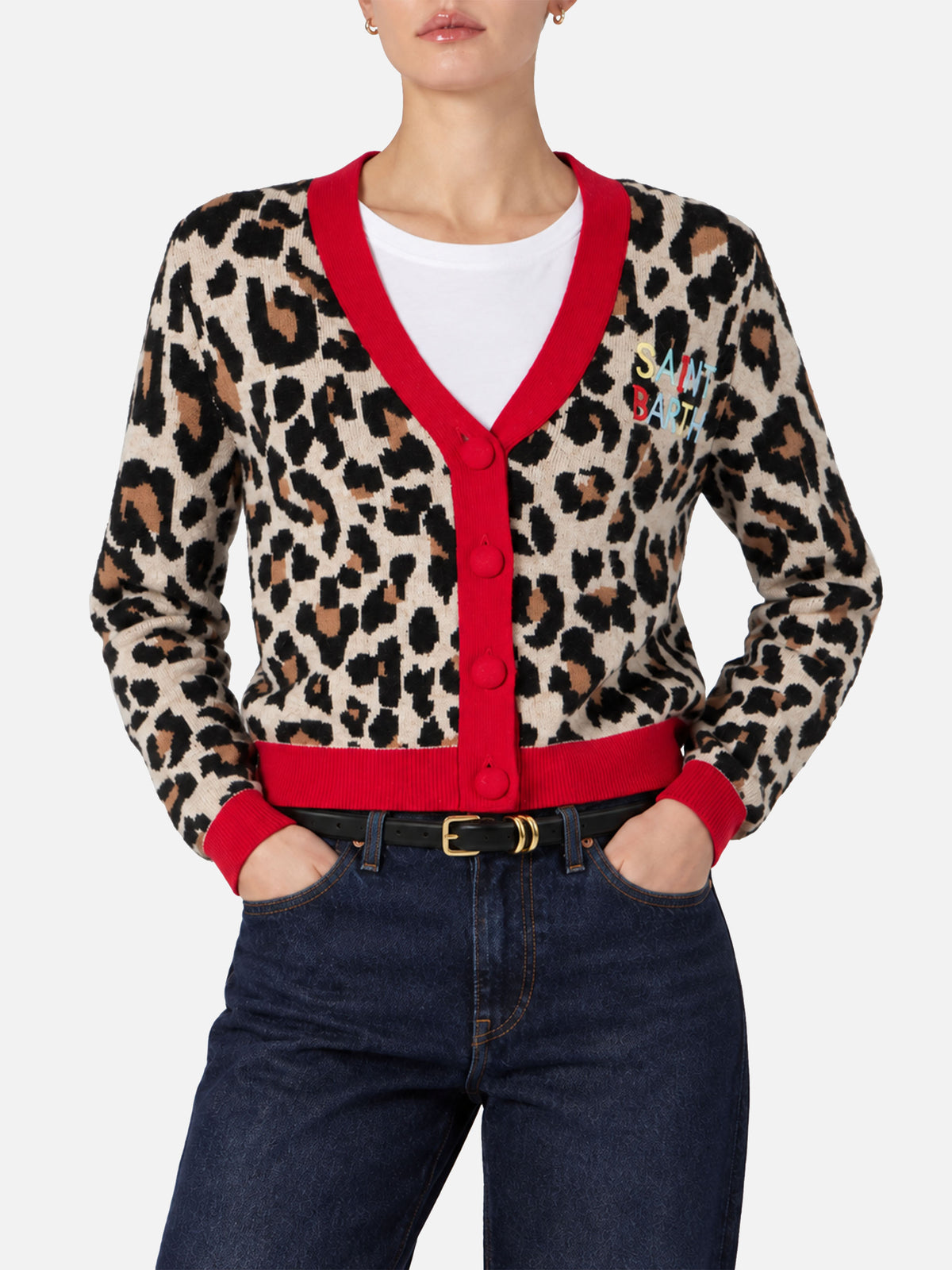 Didy cropped cardigan in animalier jacquard with logo embroidery