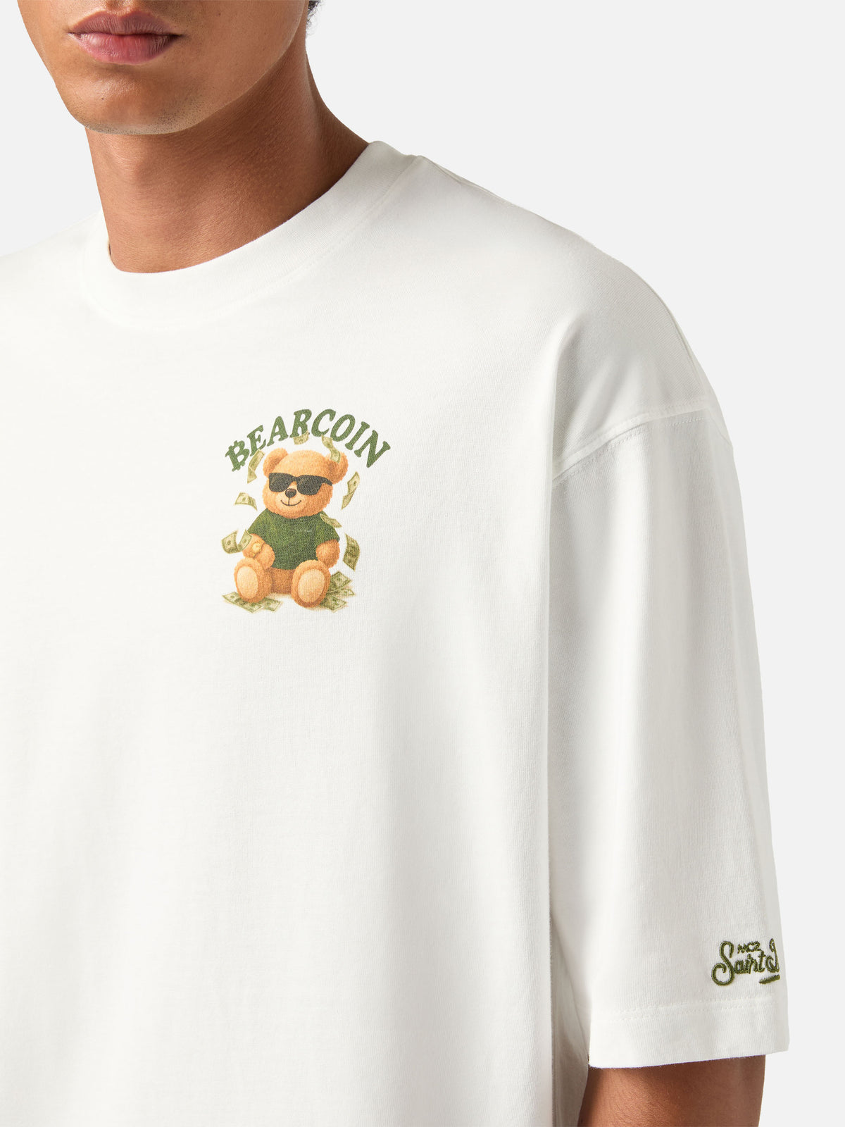 T-shirt Delmar oversize bianca in cotone con stampa Bearcoin sul retro