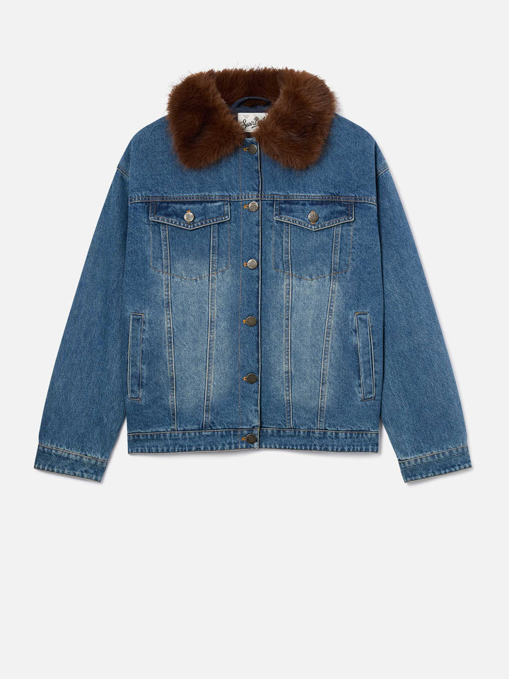 Giacca Dailys blu in denim di cotone con collo in effetto pelliccia
