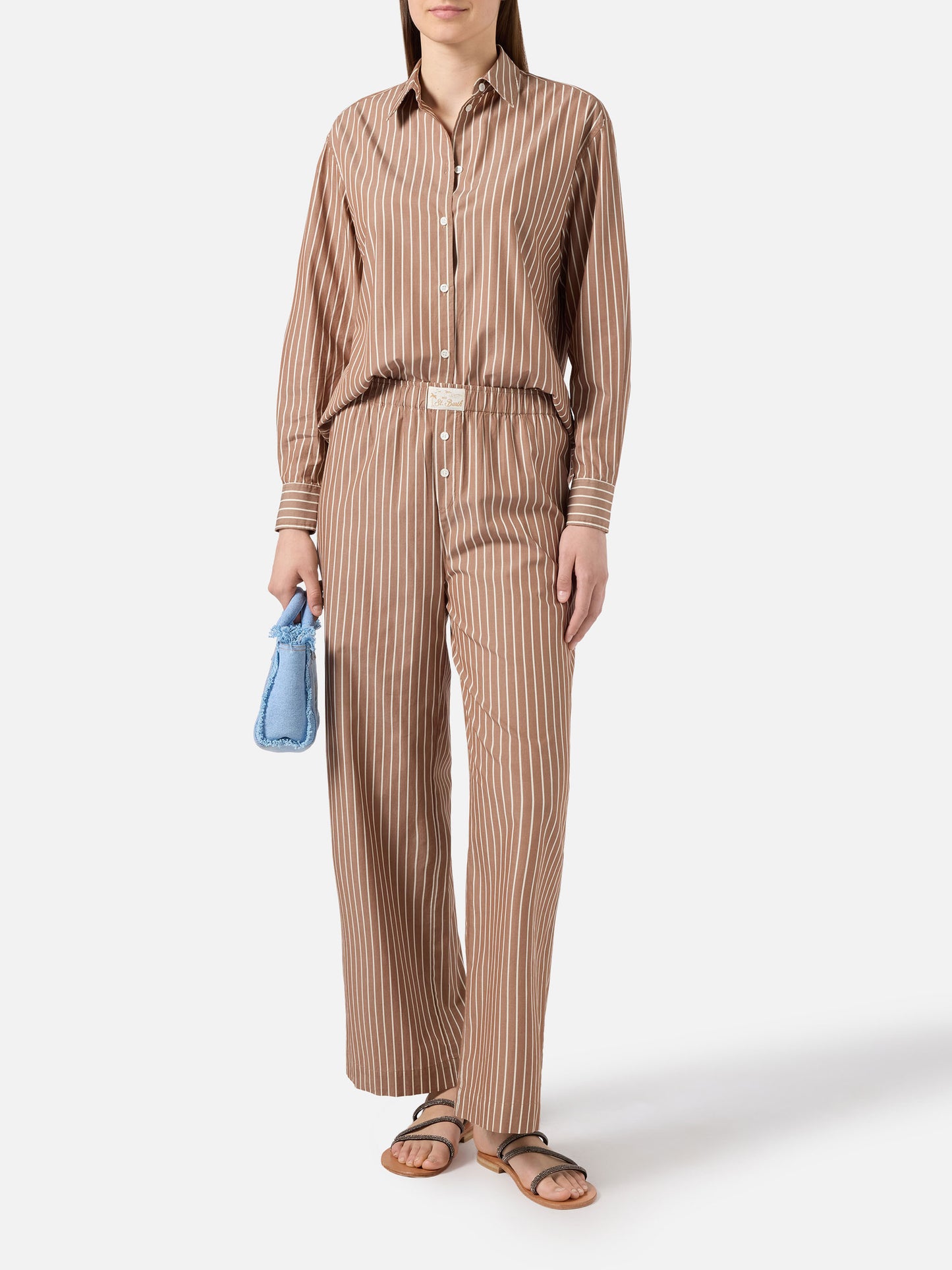 Pantaloni Doha in popeline a righe beige