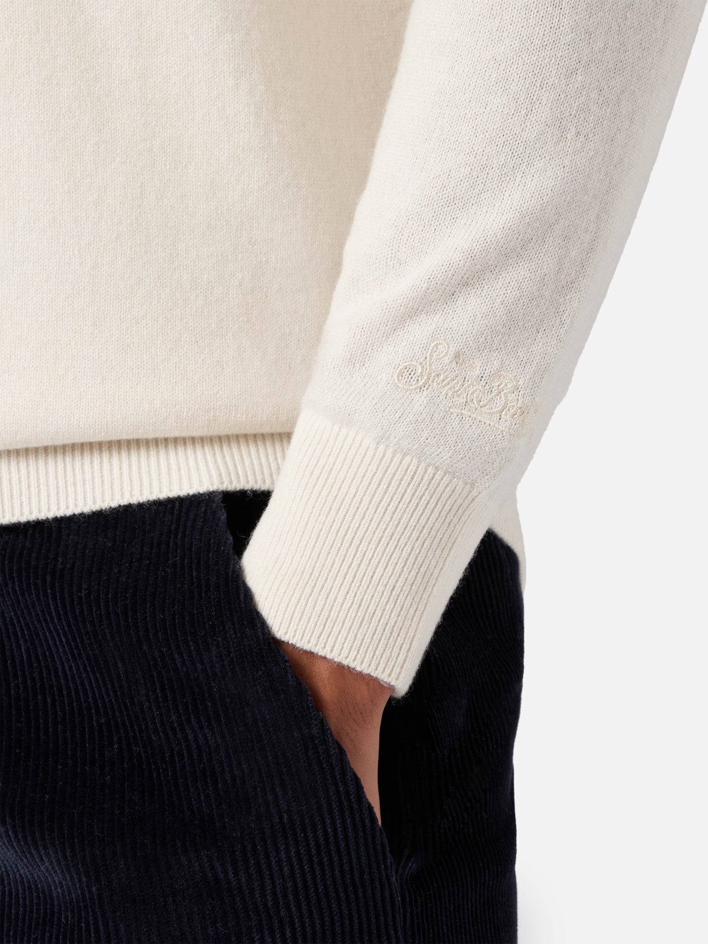 Half-zip sweater in white merino wool and cashmere