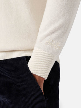 Half-zip sweater in white merino wool and cashmere