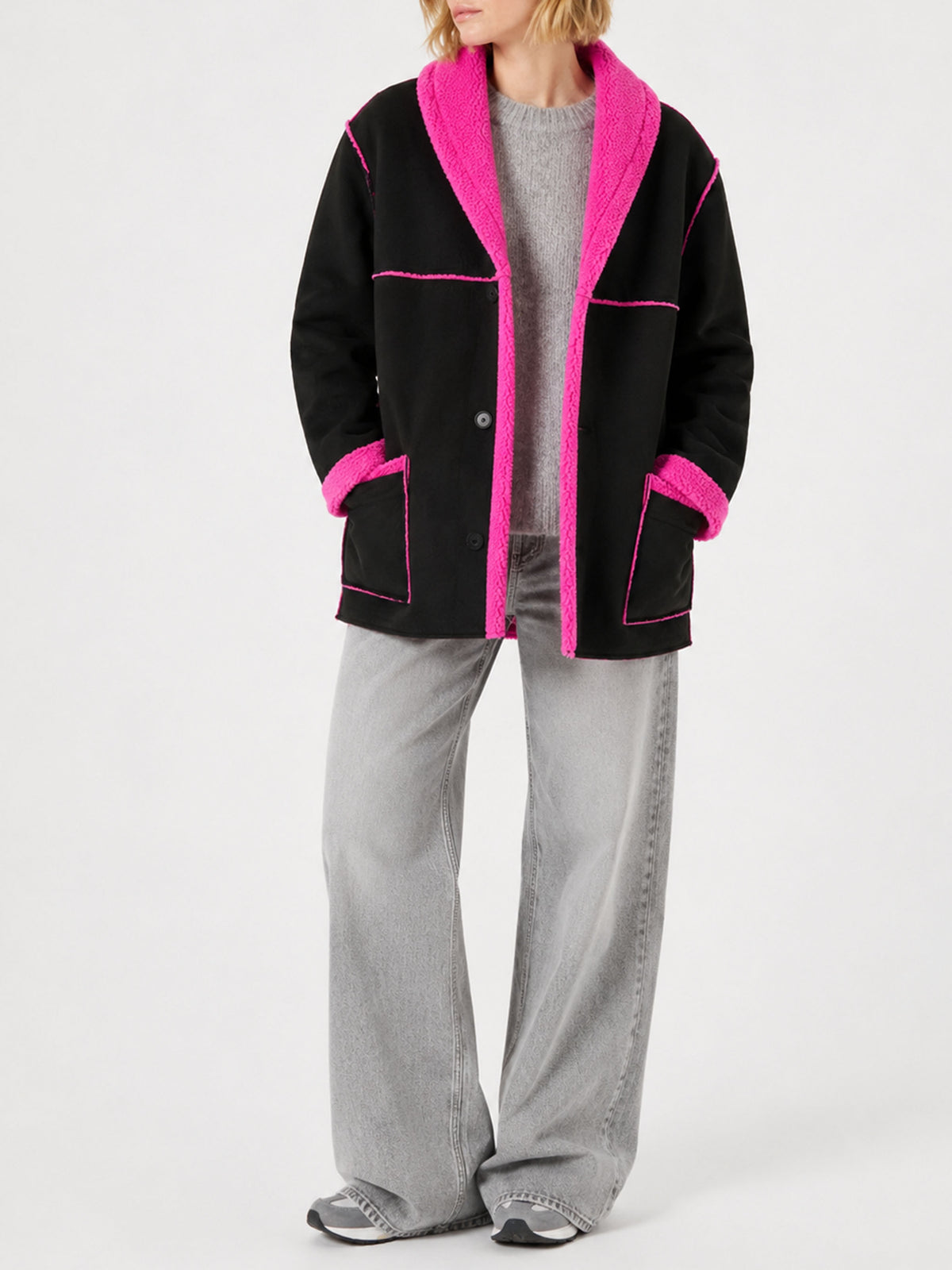 Schwarzer und fluo-pinker wendbarer Dorys Shearling-Mantel 