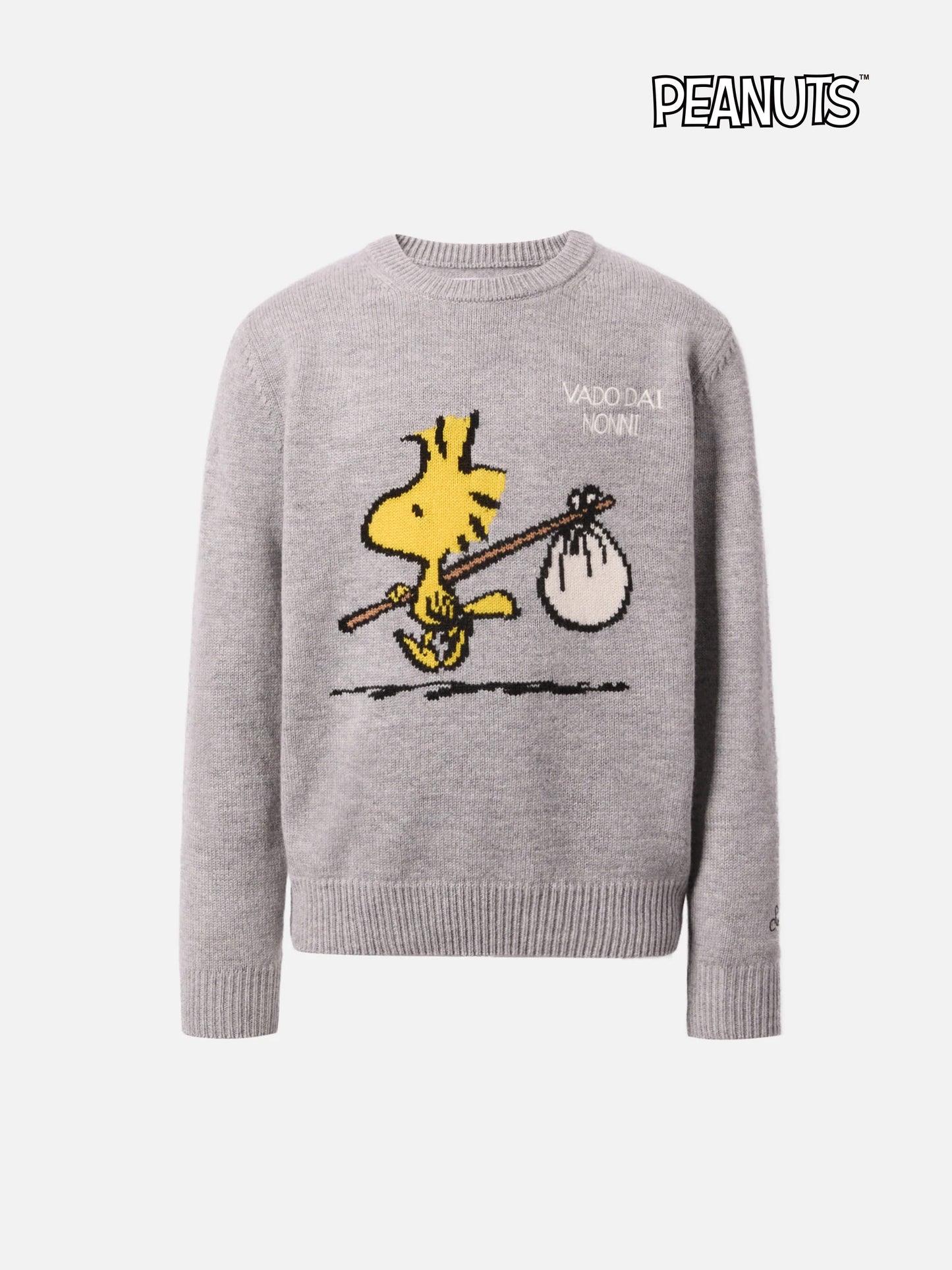 Girocollo Douglas in misto cashmere con stampa Woodstock e ricamo Vado dai Nonni | PEANUTS SPECIAL EDITION