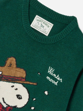 Grüner Douglas Rundhals-Strickpullover mit Snoopy-Patch und Winter Mood-Stickerei | Special edition 