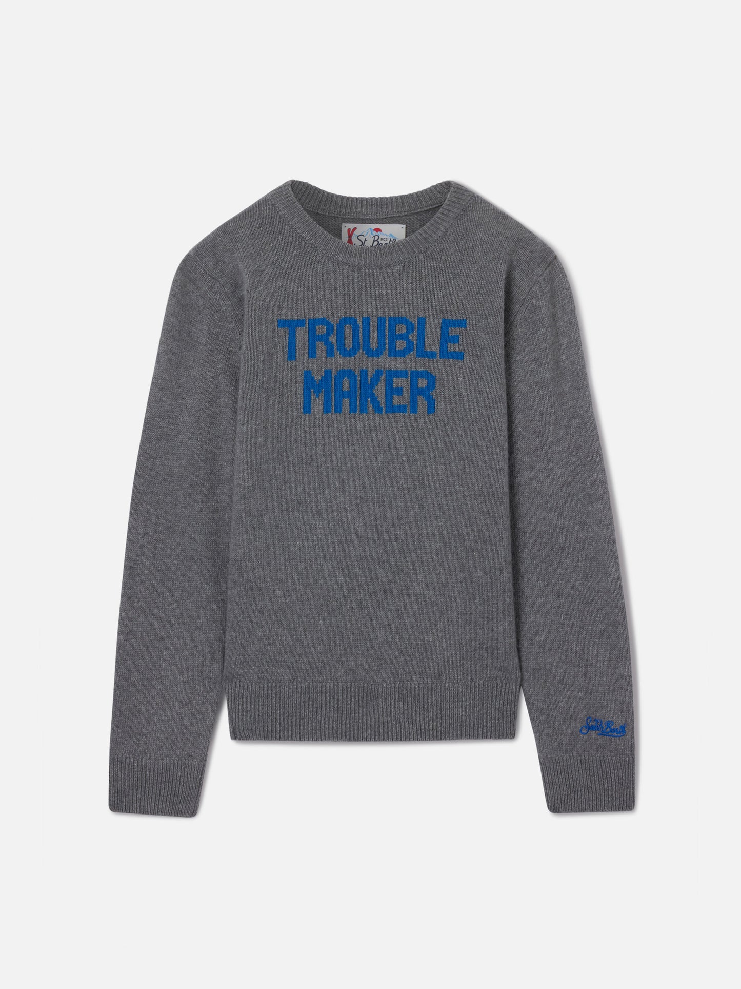 Douglas Rundhals-Strick in Grau mit Trouble Maker-Schriftzug 