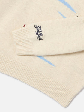 Pull col rond en maille crème Douglas avec intarsia Cortina 