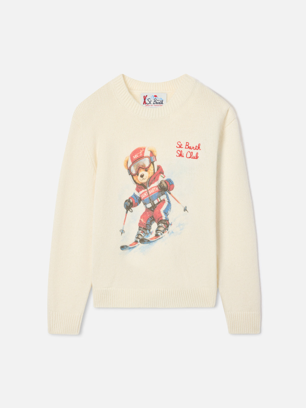 Cream Douglas wool and cashmere blend crewneck with teddy bear intarsia and embroidery
