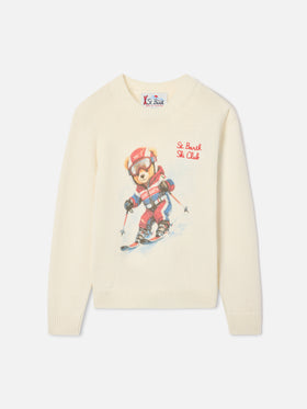 Cream Douglas wool and cashmere blend crewneck with teddy bear intarsia and embroidery