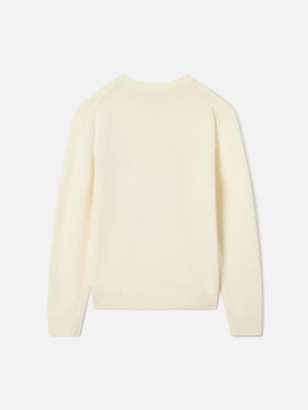 Cream Douglas wool and cashmere blend crewneck with teddy bear intarsia and embroidery