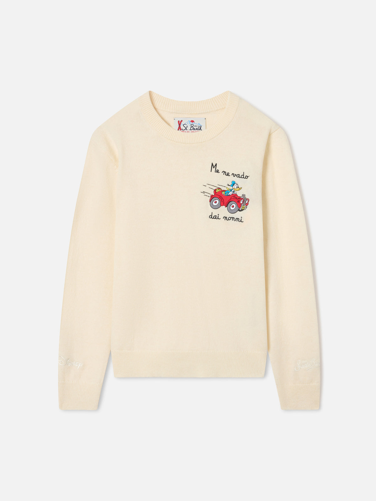 Cremefarbenes Crewneck aus einem Woll- und Kaschmirmix mit Donald-Duck-Intarsie | Special edition 