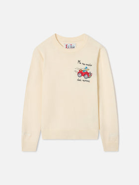 Cremefarbenes Crewneck aus einem Woll- und Kaschmirmix mit Donald-Duck-Intarsie | Special edition 