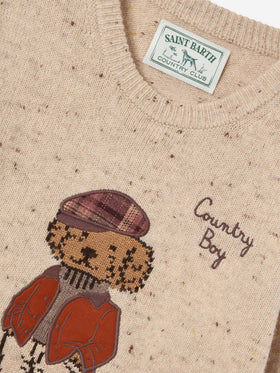 Cremefarbener Crewneck-Pullover aus Douglas Wollmischung in Donegal-Strick mit Teddy-Bär-Patch und Country Boy-Stickerei 