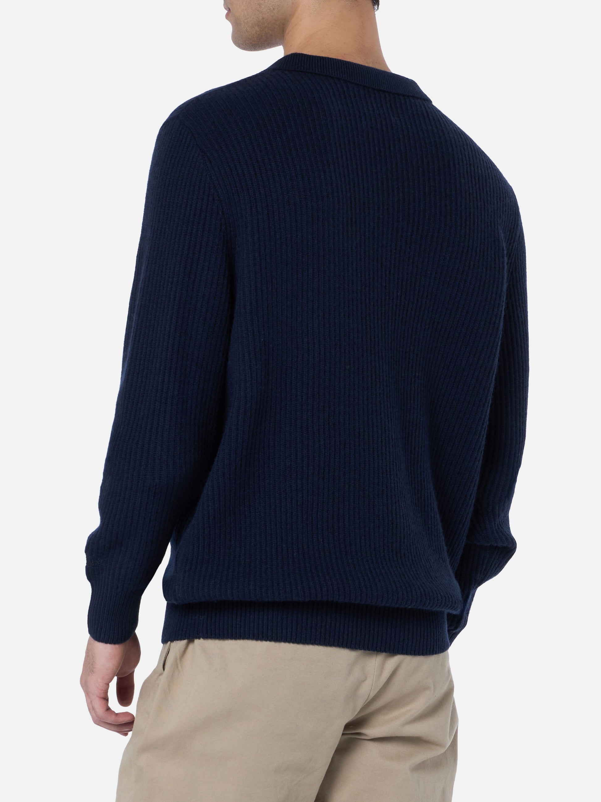 Man navy blue cashmere blend ribbed sweater Downing with buttoned collar - MC2 Saint Barth