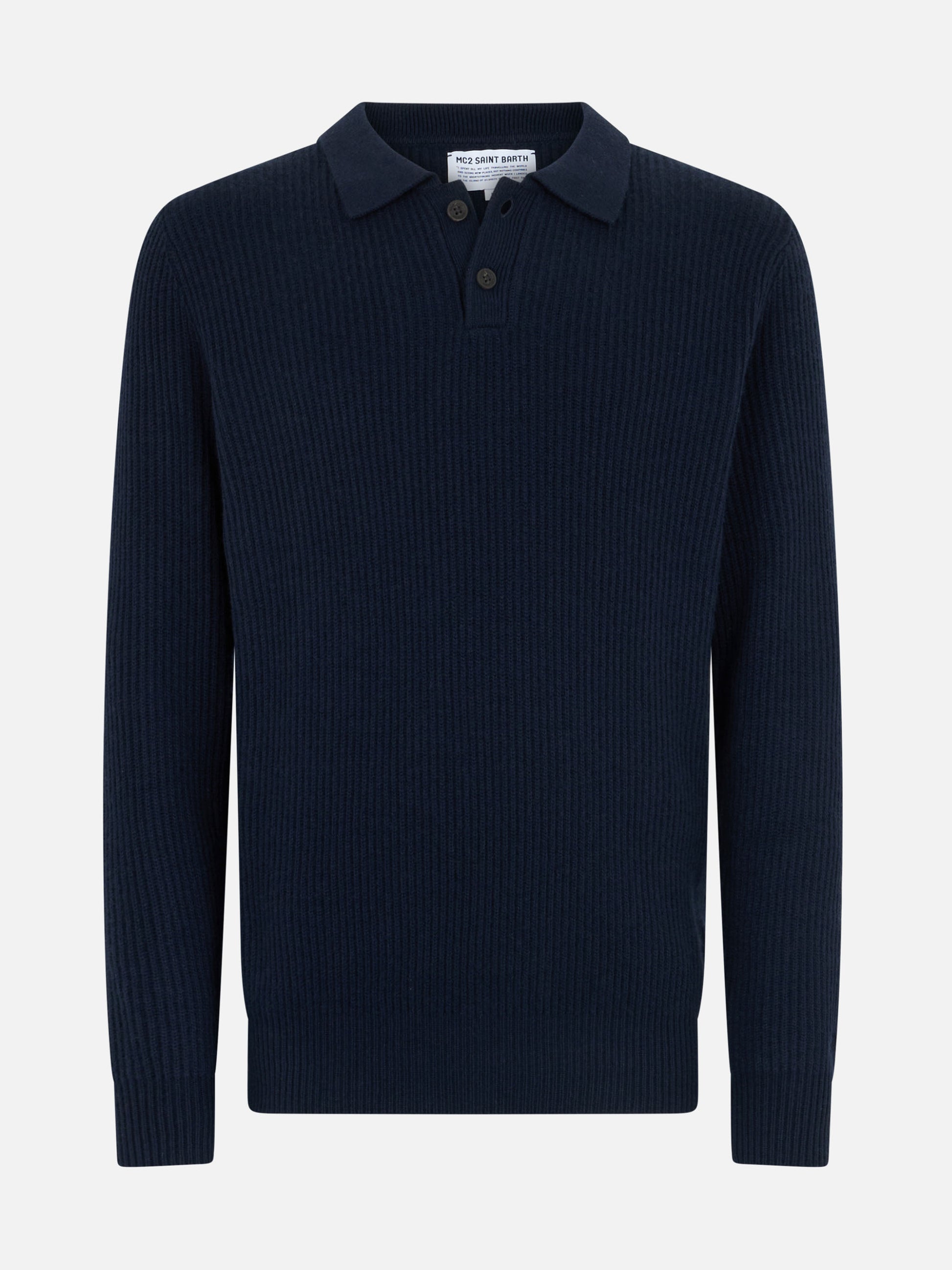 Man navy blue cashmere blend ribbed sweater Downing with buttoned collar - MC2 Saint Barth