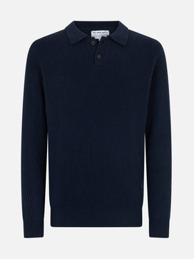 Man navy blue cashmere blend ribbed sweater Downing with buttoned collar - MC2 Saint Barth