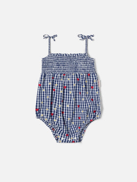 Dudu short romper in yarn dyed vichy with all over embroidery