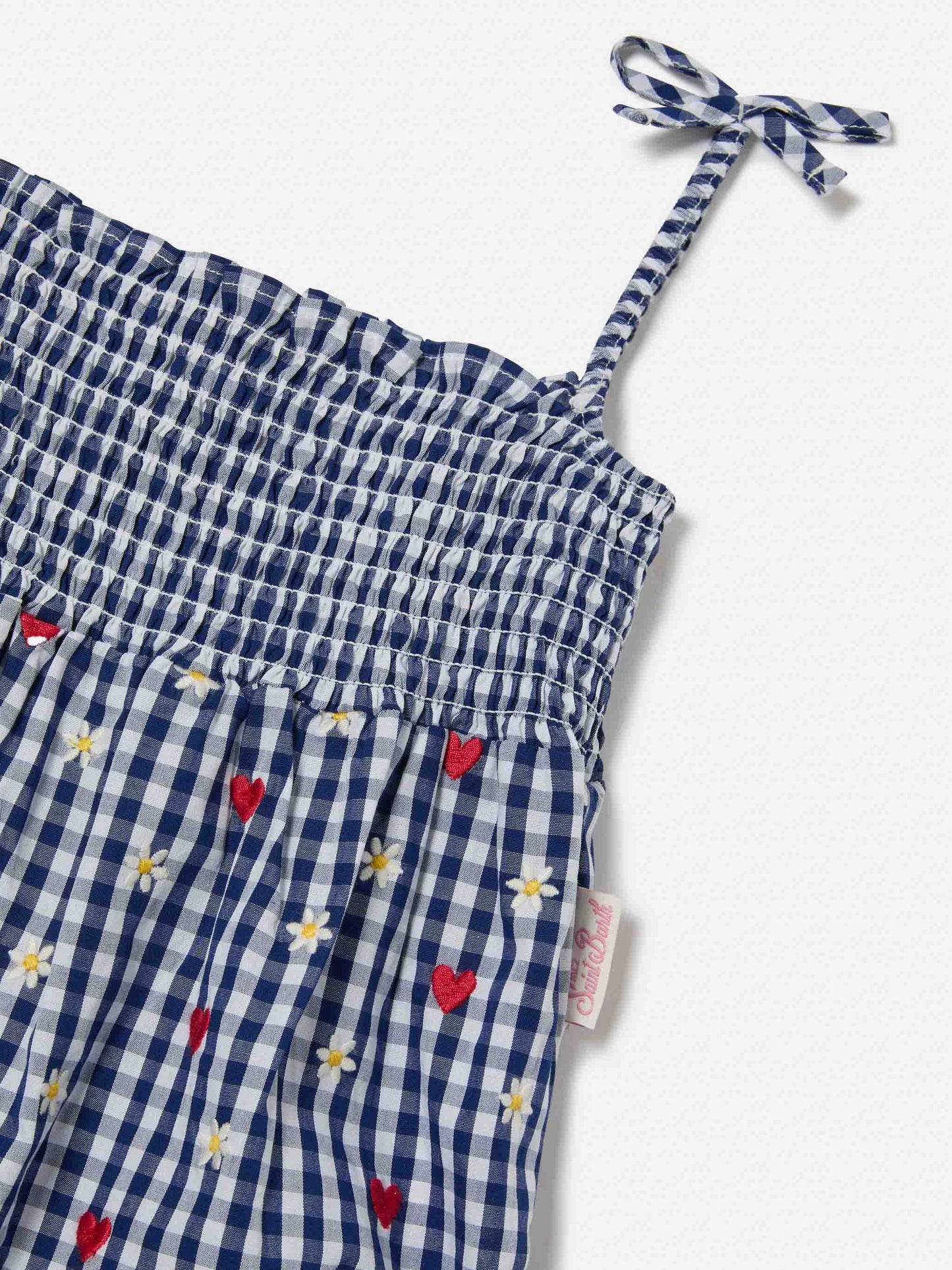 Dudu short romper in yarn dyed vichy with all over embroidery