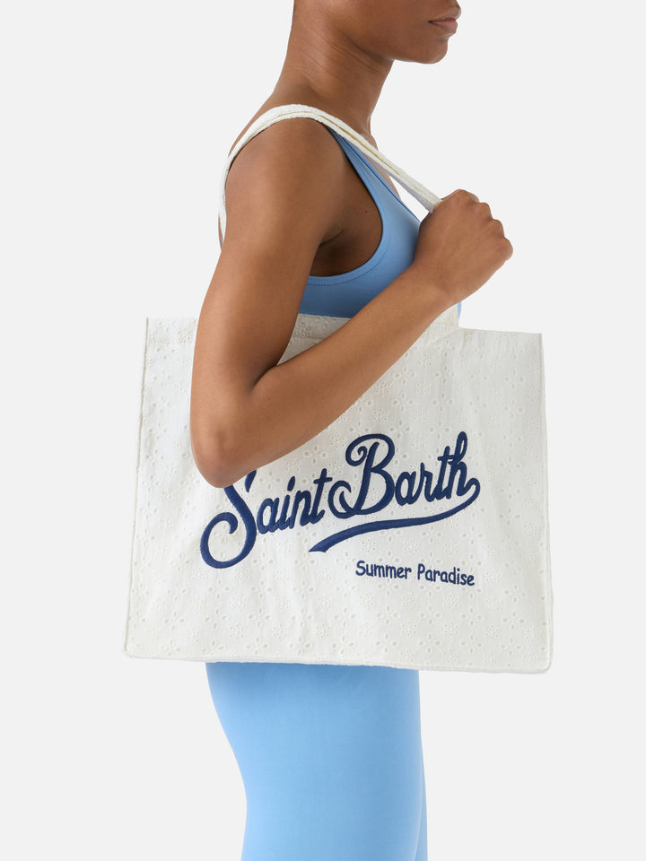 Essential white broderie anglaise cotton tote bag with contrasting logo