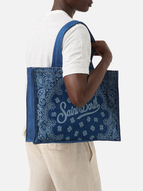 Essential denim tote bag with bandana print and contrasting logo