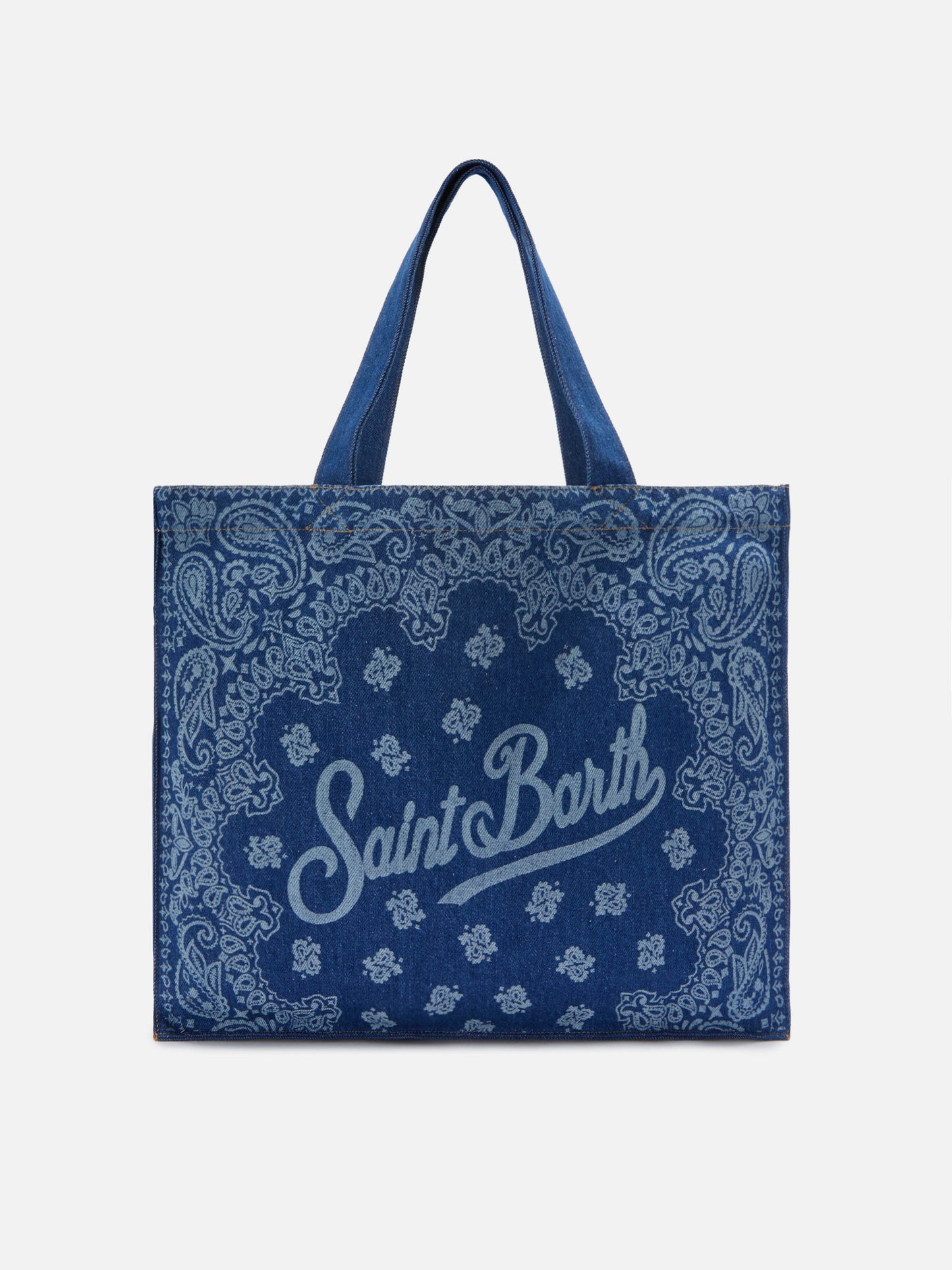 Borsa Essential in tessuto denim con stampa bandana e logo a contrasto