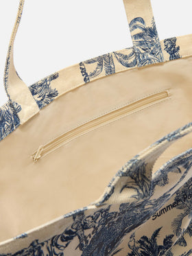 Essential canvas tote bag with blue toile de jouy print
