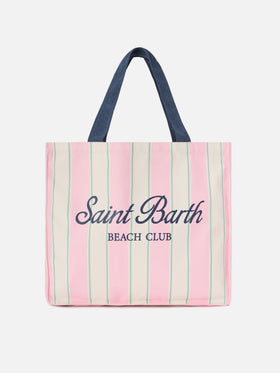 Bolso tote esencial de lona con rayas rosas, verdes y blancas y logo en contraste 