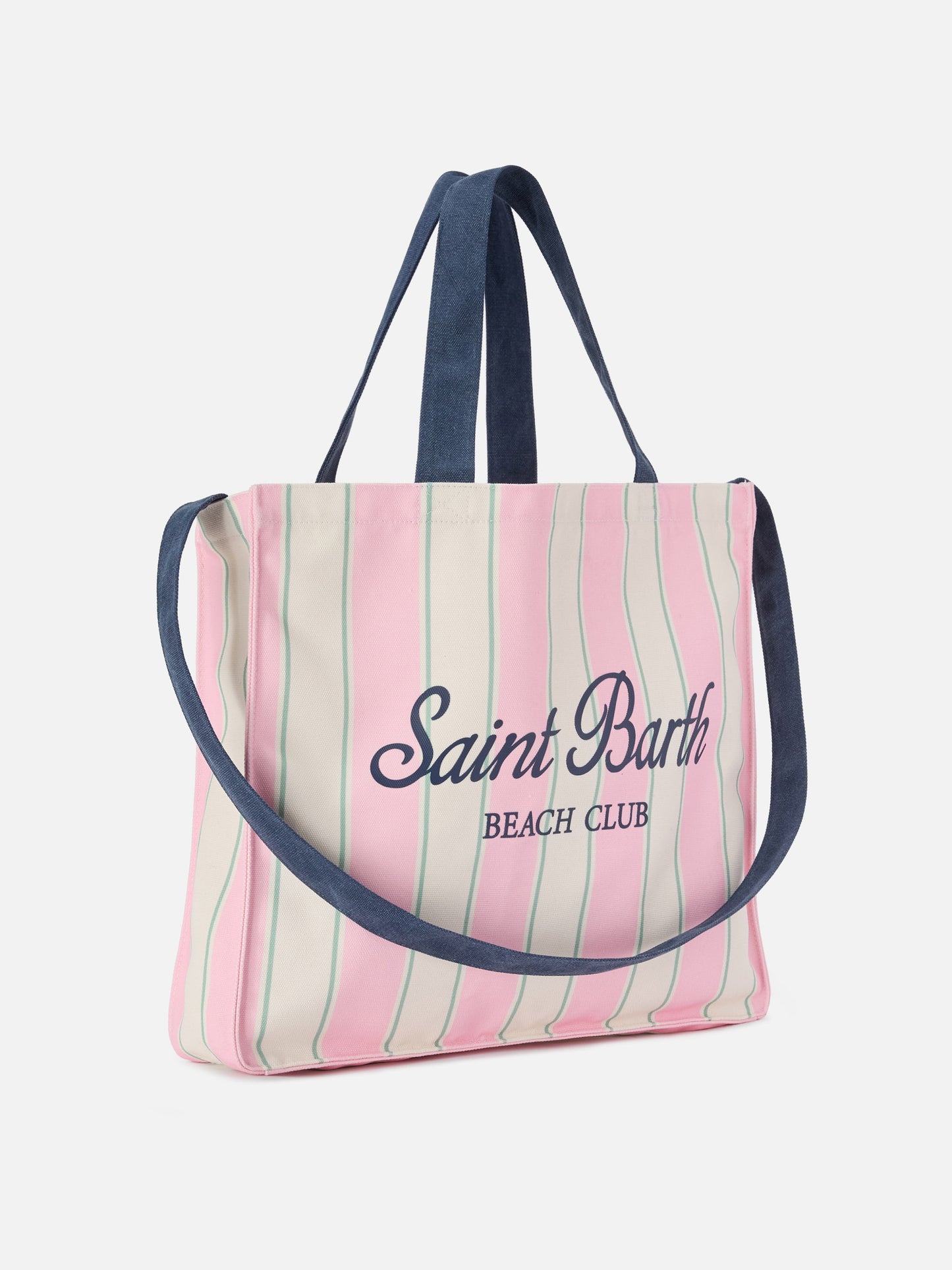 Bolso tote esencial de lona con rayas rosas, verdes y blancas y logo en contraste 