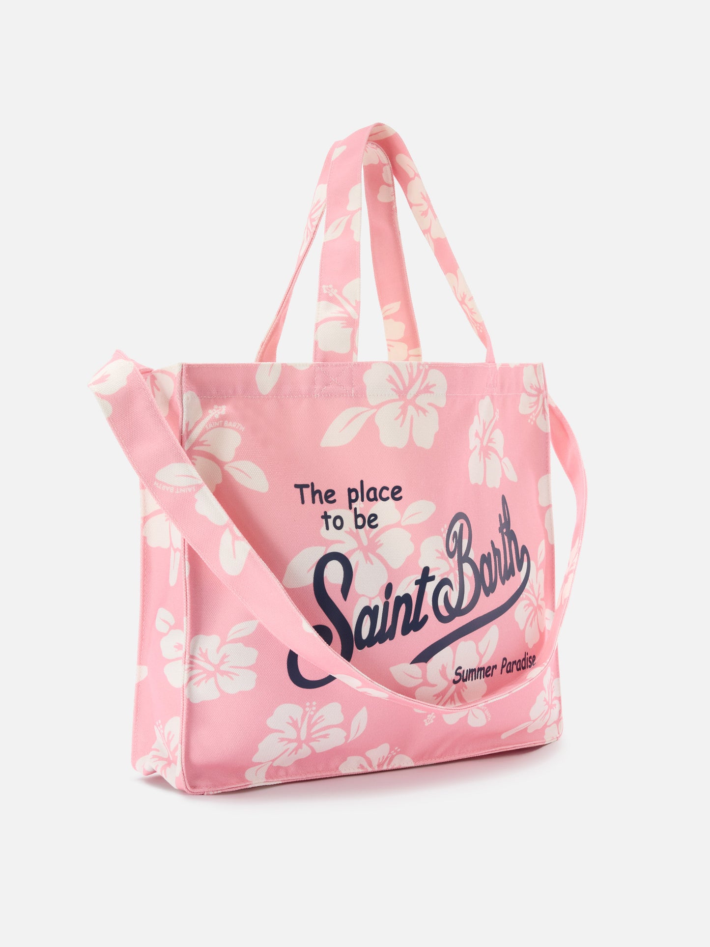Borsa Essential in canvas con stampa hibiscus rosa e logo a contrasto