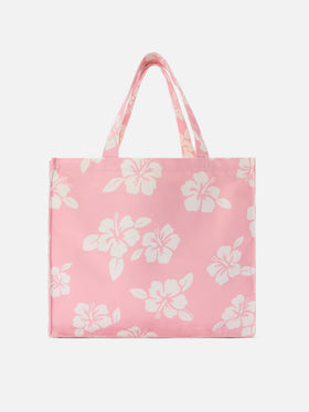 Borsa Essential in canvas con stampa hibiscus rosa e logo a contrasto