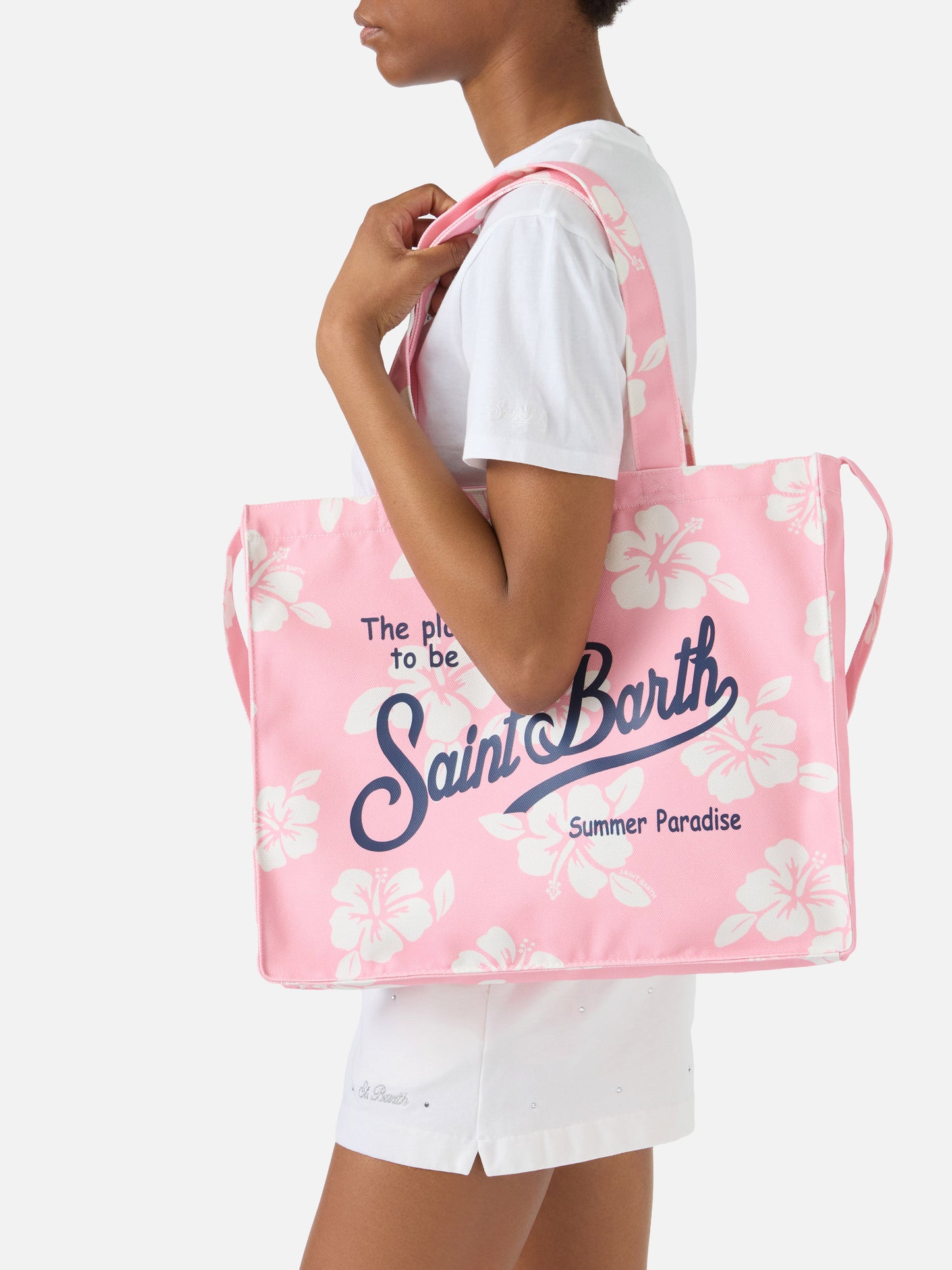 Borsa Essential in canvas con stampa hibiscus rosa e logo a contrasto