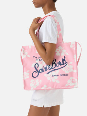 Borsa Essential in canvas con stampa hibiscus rosa e logo a contrasto