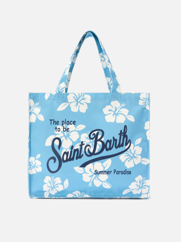 Borsa Essential in canvas con stampa hibiscus azzurra e logo a contrasto
