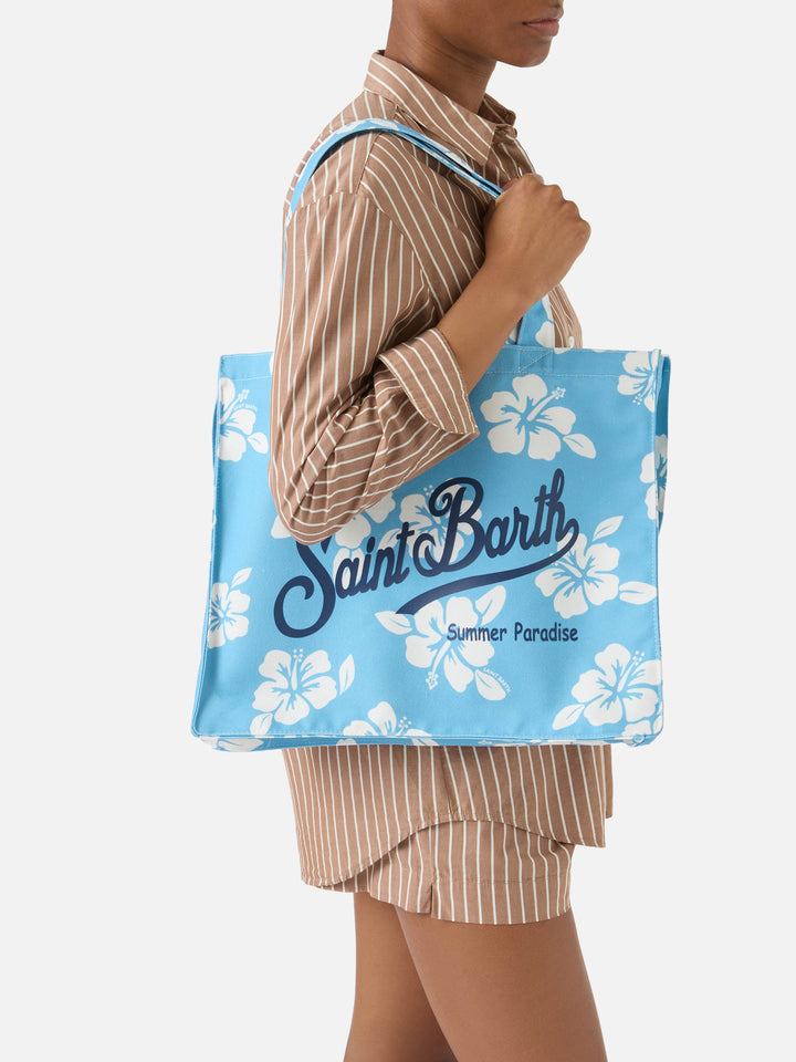 Borsa Essential in canvas con stampa hibiscus azzurra e logo a contrasto