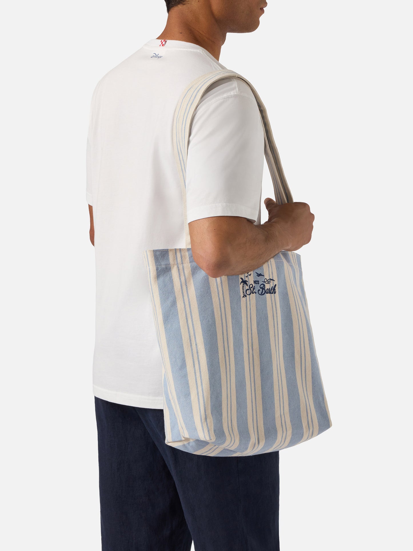 Cabas en coton rayé bleu clair et blanc Essential Beach 