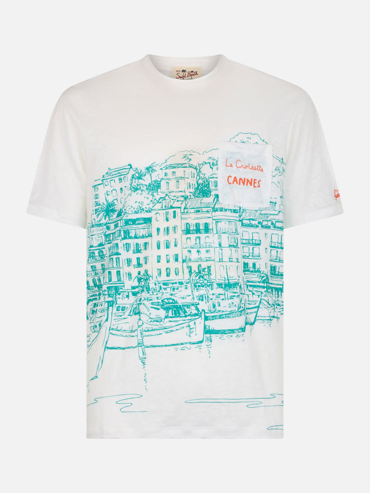 Man linen jersey t-shirt Ecstasea with Cannes placed print and embroidered pocket - MC2 Saint Barth