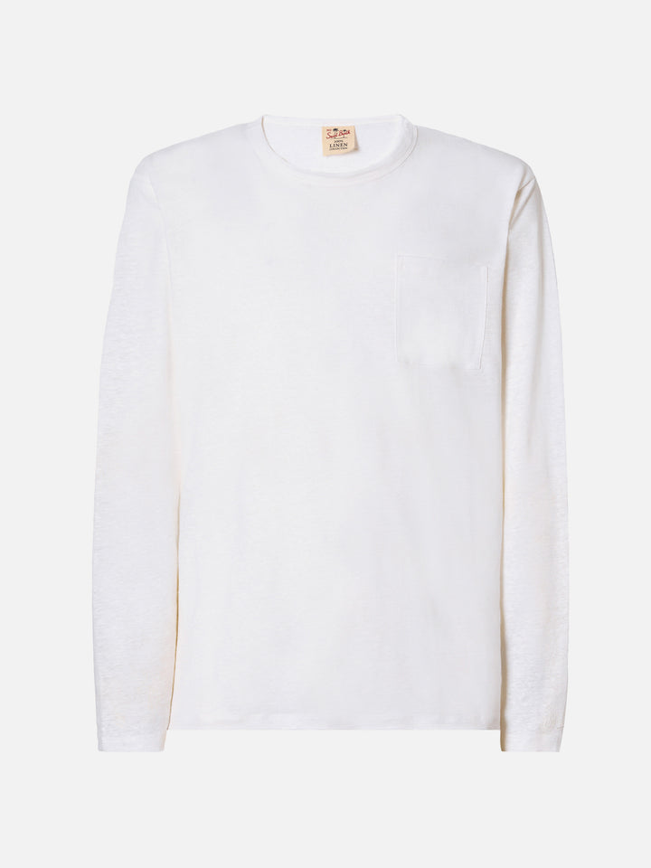 Weißes Herren-T-Shirt aus Leinenjersey mit Ecstasea-Motiv und Tasche